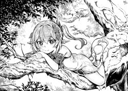 Rule 34 | 1girl, absurdres, bare shoulders, closed mouth, dress, elf, feet, full body, genshin impact, greyscale, hair ornament, highres, looking at viewer, lying, monochrome, nahida (genshin impact), on stomach, pointy ears, qingwa chi she, soles, toeless footwear, toes, tree