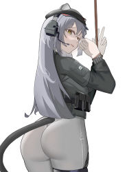 Rule 34 | 1girl, absurdres, animal ears, arknights, artist request, ass, beret, breasts, cat ears, cat tail, from behind, green eyes, grey hair, hat, headset, highres, huge ass, long hair, looking at viewer, military, military uniform, pants, schwarz (arknights), solo, tail, tight clothes, tight pants, uniform, very long hair