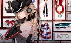 Rule 34 | 1girl, anchor, annotation request, belt, bismarck (kancolle), blonde hair, blue eyes, brown gloves, commentary request, detached sleeves, glasses, gloves, hat, headphones, highres, jewelry, kantai collection, long hair, looking at viewer, military hat, multicolored clothes, multicolored scarf, necklace, necktie, okayu (papiko1111), peaked cap, picture frame, pince-nez, plaid, plaid scarf, profile, red neckwear, ribbon, scarf, solo, striped clothes, striped scarf, thighhighs, uniform, unworn necktie, unworn scarf