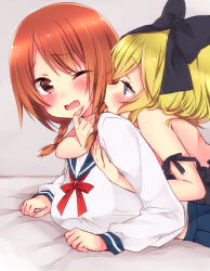 Rule 34 | 2girls, arms around neck, bare arms, bare back, bare shoulders, blonde hair, blush, dress, elly (tonari no kyuuketsuki-san), from behind, furrowed brow, hair ribbon, highres, lying, lying on person, multiple girls, natsuki hinata, on bed, on stomach, one eye closed, red eyes, red hair, ribbon, school uniform, short hair, sk02, tonari no kyuuketsuki-san, yuri