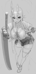 Rule 34 | 1girl, breasts, broken horn, cleavage, collarbone, fang, gloves, grey background, greyscale, hair between eyes, hand on own hip, highres, hiragana oufu, horns, katana, knife, kunai, leaning, leaning forward, leaning on object, long hair, looking at viewer, lower teeth only, mole, mole under mouth, monochrome, oni, oni horns, open mouth, original, planted, planted knife, planted sword, planted weapon, pointy ears, ribbon, scabbard, school uniform, serafuku, sheath, sheathed, shoes, simple background, sketch, skin fang, skirt, slit pupils, smile, sneakers, solo, sword, teeth, thigh strap, thighhighs, unfinished, uniform, weapon