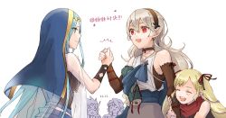 Rule 34 | 2boys, 3girls, :d, ^ ^, azura (fire emblem), black collar, black hairband, black ribbon, black sleeves, blonde hair, blue hair, blue headwear, closed eyes, collar, corrin (female) (fire emblem), corrin (fire emblem), detached sleeves, elise (fire emblem), eye contact, fire emblem, floating hair, hair between eyes, hair ribbon, hairband, holding hands, long hair, long sleeves, looking at another, multiple boys, multiple girls, nintendo, open mouth, pointy ears, red eyes, red ribbon, ribbon, ribbon-trimmed sleeves, ribbon trim, ryoma (fire emblem), smile, veil, white background, white hair, xander (fire emblem), yellow eyes