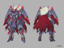 Rule 34 | character sheet, clenched hands, grey background, horns, mecha, multiple views, no humans, official art, phantasy star, phantasy star online 2, red eyes, robot, science fiction, standing, sukekiyo56