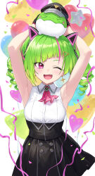 Rule 34 | 1girl, armpits, arms up, ascot, black skirt, delutaya, diagonal bangs, drill hair, green hair, guchico, happy birthday, high-waist skirt, highres, indie virtual youtuber, looking at viewer, multicolored hair, one eye closed, open mouth, pink ascot, pink hair, red eyes, skirt, smile, solo, streaked hair, triangle hair ornament, twin drills, twintails, two-tone hair, virtual youtuber