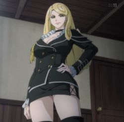 Rule 34 | 1girl, blonde hair, breasts, choker, cleavage, door, green eyes, hand on own hip, highres, indoors, katsute kami datta kemonotachi e, large breasts, liza renecastle, long hair, military, military uniform, mole, mole on breast, screencap, standing, stitched, thighhighs, third-party edit, uniform