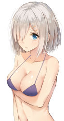 Rule 34 | 10s, 1girl, arm at side, bikini, blue bikini, blue eyes, breast hold, breasts, cleavage, from above, hair over one eye, halterneck, halterneck, hamakaze (kancolle), highres, kantai collection, large breasts, lips, looking at viewer, navel, rurikoma, short hair, sideboob, silver hair, solo, swimsuit, upper body