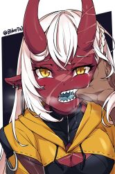 Rule 34 | 1girl, 1other, akumi (yoclesh), bidortw, blue tongue, braid, breasts, cleavage, cleavage cutout, clothing cutout, colored skin, colored tongue, commentary, cross scar, dark skin, demon girl, demon horns, earrings, english commentary, facial scar, heavy breathing, highres, hoop earrings, horns, indie virtual youtuber, jewelry, long hair, medium breasts, multiple earrings, pointy ears, portrait, pov, pov hands, red skin, scar, scar on breasts, scar on cheek, scar on face, sharp teeth, shrug (clothing), skin-covered horns, slit pupils, teeth, twitter username, virtual youtuber, white hair, yellow eyes