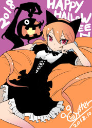 Rule 34 | 1girl, alisa southerncross, animal ears, artist name, black dress, breasts, cat ears, closed mouth, dated, dress, english text, halloween, halloween costume, happy halloween, highres, keroro gunsou, light frown, long hair, looking at viewer, orange hair, oyster (artist), red eyes, short dress, small breasts, solo, twintails