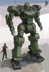 Rule 34 | 1boy, absurdres, gun, helmet, highres, holding, holding gun, holding weapon, looking down, looking to the side, male focus, mecha, mechium, military, open hands, original, robot, science fiction, size difference, soldier, standing, weapon
