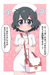 Rule 34 | 1girl, ?, alternate costume, bag, black hair, blue eyes, blush, commentary request, cowboy shot, cross, cross hair ornament, digital thermometer, dress, gloves, hair ornament, handbag, highres, kaban (kemono friends), kemono friends, looking at viewer, nurse, pencil dress, ransusan, red cross, short hair, short sleeves, solo, sweatdrop, thermometer, translation request, white dress, white gloves