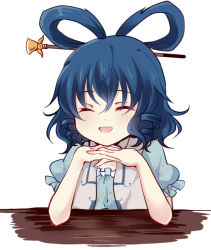 Rule 34 | 1girl, blue hair, blush, dress, closed eyes, hair ornament, hair rings, hair stick, head rest, kaku seiga, open mouth, own hands clasped, own hands together, short hair, sitting, smile, solo, touhou, uranaishi (miraura), vest