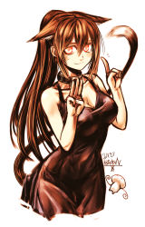 Rule 34 | 1girl, animal ear fluff, animal ears, bare arms, bare shoulders, belt collar, blush, breasts, cat ears, cat tail, cleavage, closed mouth, collar, commentary request, dated, dress, ears down, flying sweatdrops, halterneck, hands up, highres, kotoba noriaki, large breasts, limited palette, long hair, looking at viewer, original, panties, ponytail, red eyes, see-through, side-tie panties, signature, simple background, slit pupils, smile, solo, tail, underwear, white background