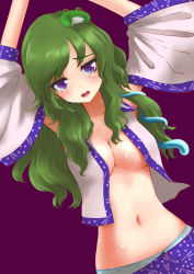 Rule 34 | 1girl, absurdres, blush, breasts, cleavage, detached sleeves, frog hair ornament, green hair, hair ornament, highres, japanese clothes, kochiya sanae, long hair, midriff, miko, navel, no bra, open clothes, open mouth, oujiouji, panties, purple eyes, skirt, snake hair ornament, solo, sweat, tears, touhou, underwear