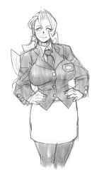 Rule 34 | alternate costume, antenna hair, blazer, breasts, formal, greyscale, hands on own hips, jacket, justice gakuen, large breasts, monochrome, necktie, pantyhose, rapon, solo, suit, tiffany lords