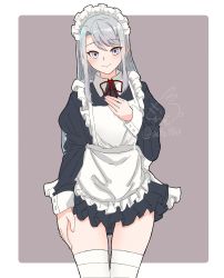 Rule 34 | 1girl, alternate costume, apron, artist logo, asymmetrical bangs, black dress, border, commentary request, cowboy shot, dress, enmaided, frilled apron, frills, grey background, grey hair, hand on own chest, highres, kantai collection, long hair, maid, maid apron, maid headdress, mochizou, one-hour drawing challenge, purple eyes, sagiri (kancolle), solo, standing, string tie, swept bangs, thighhighs, two-tone background, white apron, white border, white thighhighs, wrist cuffs