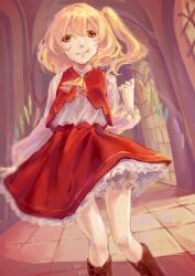 Rule 34 | 1girl, adapted costume, arch, ascot, blonde hair, boots, brown footwear, closed mouth, fang, fang out, feet out of frame, flandre scarlet, frilled skirt, frills, from below, hair between eyes, hallway, highres, indoors, long sleeves, looking at viewer, medium hair, mei yang, multicolored wings, no headwear, one side up, puffy long sleeves, puffy sleeves, red eyes, red skirt, red vest, skirt, skirt set, solo, tile floor, tiles, touhou, vest, window, wings, yellow ascot