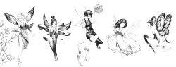 Rule 34 | 5girls, barefoot, boots, bow, bowtie, butterfly wings, detached sleeves, dress, fairy, flower, glasses, greyscale, highres, insect wings, jewelry, key, lock, long hair, long image, mini person, minigirl, monochrome, multiple girls, necklace, original, pointy ears, ponytail, short hair, shorts, sousou (sousouworks), suspenders, thigh boots, thighhighs, vest, wide image, wings
