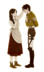 Rule 34 | 1boy, 1girl, apron, bad id, bad twitter id, black hair, blush, boots, carla yeager, eren yeager, closed eyes, hand on another&#039;s head, insignia, jacket, jijangdol, long hair, low-tied long hair, military, military uniform, mother and son, salute, shingeki no kyojin, shirt, shoes, short hair, skirt, smile, thigh strap, time paradox, uniform