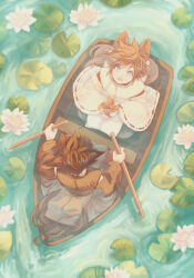 Rule 34 | 2boys, alternate costume, animal ears, boat, cloak, commentary request, dual persona, fox boy, fox ears, grey pants, highres, holding, jacket, kingdom hearts, lily pad, looking at viewer, looking up, multiple boys, pants, rowing, sitting, sora (kingdom hearts), twilight yuuhi, water, watercraft, white cloak, white pants