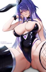 Rule 34 | 1girl, absurdres, acheron (honkai: star rail), animal ears, bare arms, bare shoulders, black leotard, breasts, fake animal ears, fishnets, grin, highres, honkai: star rail, honkai (series), large breasts, leotard, looking at viewer, playboy bunny, purple eyes, purple hair, rabbit ears, simple background, sitting, smile, solo, thighs, tofuubear, white background, wrist cuffs