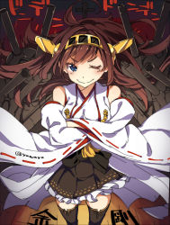 Rule 34 | &gt;;), 10s, 1girl, ;), ahoge, bare shoulders, blue eyes, brown hair, cannon, crossed arms, hairband, highres, kantai collection, kongou (kancolle), long hair, looking at viewer, nontraditional miko, one eye closed, personification, ribbon-trimmed sleeves, ribbon trim, skirt, smile, smirk, solo, super zombie, thighhighs, translation request, v-shaped eyebrows, wink
