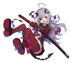 Rule 34 | 1girl, ankle strap, black dress, black gloves, black sailor collar, blue bow, bow, colored shoe soles, dress, elbow gloves, eyepatch, floating, flower knot, frilled sailor collar, frills, full body, gloves, grey hair, hair between eyes, hand up, highres, holding, holding sword, holding weapon, horns, indie virtual youtuber, katana, loafers, long hair, multicolored clothes, multicolored dress, ojiki-chan, ojiki channel with dokugan-p, one eye covered, open mouth, outstretched arm, pantyhose, pom pom (clothes), red eyes, red footwear, red pantyhose, sailor collar, sheath, sheathed, shindou kamichi, shoe soles, shoes, short dress, short sleeves, simple background, single elbow glove, slit pupils, solo, sword, tail, tail bow, tail ornament, teeth, upper teeth only, virtual youtuber, weapon, white background, white dress