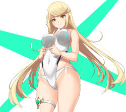 Rule 34 | 1girl, bad id, bad pixiv id, blonde hair, blush, breasts, bridal garter, closed mouth, commentary request, covered navel, dolling60883582, dollinger, earrings, highres, jewelry, long hair, medium breasts, mythra (radiant beach) (xenoblade), mythra (xenoblade), nintendo, one-piece swimsuit, smile, solo, standing, swimsuit, very long hair, white one-piece swimsuit, xenoblade chronicles (series), xenoblade chronicles 2, yellow eyes
