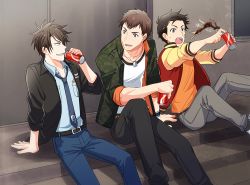 Rule 34 | 10s, 3boys, akuno hideo, bandaid, bandaid on face, black hair, blue eyes, brown hair, can, casual, denim, dog tags, drink can, frame (idolmaster), grey hair, idolmaster, idolmaster side-m, jacket, jeans, kimura ryu, koutake hiroyoshi, letterman jacket, looking at another, male focus, multiple boys, necktie, open clothes, open jacket, open mouth, pants, sharp teeth, shingen seiji, sitting, soda can, spiked hair, stairs, sweatdrop, teeth, wristband