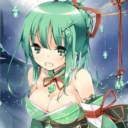 Rule 34 | 1girl, :d, bare shoulders, bow, breasts, cleavage, detached sleeves, dress, green gemstone, gem, green dress, green eyes, green hair, hair bow, hair ornament, hair stick, hairclip, hairpin, large breasts, long hair, long sleeves, looking at viewer, lowres, matching hair/eyes, open mouth, original, red ribbon, refeia, ribbon, smile, solo, strapless, strapless dress, tareme, underbust, upper body