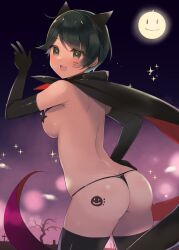 Rule 34 | 1girl, ass, black cape, black eyes, black gloves, black hair, black thighhighs, blush, breasts, butt crack, cape, cowboy shot, elbow gloves, gloves, highres, kantai collection, medium breasts, mogami (kancolle), open mouth, shin (new), short hair, smile, solo, thighhighs