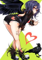 Rule 34 | 1girl, agetama, ass, back cutout, beak, belt, bent over, bird, bird wings, black wings, clothing cutout, crow, denim, denim shorts, from behind, full body, glint, green background, hair between eyes, heart, highres, jacket, jewelry, legs, light smile, long sleeves, looking at viewer, mouth hold, necklace, original, purple hair, red eyes, shiny skin, short hair, short shorts, shorts, solo, tsurime, two-tone background, white background, wings