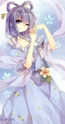 Rule 34 | 1girl, artist name, bad id, bad twitter id, belt, blue background, blue dress, blue eyes, blue hair, dress, floral background, floral print, flower, hair ornament, hair stick, kaku seiga, looking at viewer, matching hair/eyes, miiko (somnolent), puffy sleeves, shawl, short hair, short sleeves, simple background, smile, solo, touhou