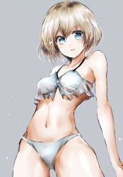 Rule 34 | 1girl, abs, bad id, bad pixiv id, bikini, blonde hair, blue eyes, blush, bob cut, breasts, commentary request, cowboy shot, grey background, looking at viewer, medium breasts, navel, original, parted lips, short hair, simple background, sketch, solo, swav, swimsuit, tareme, tosk (swav-coco), white bikini