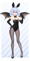 Rule 34 | 1girl, :d, absurdres, alternate costume, animal ears, bare shoulders, bat wings, bespectacled, black-framed eyewear, black bow, black bowtie, black footwear, black gloves, black hairband, black leotard, black pantyhose, black wings, blue background, blue hair, blush, bow, bowtie, breasts, cameltoe, cleavage, commentary request, covered navel, detached collar, diagonal stripes, elbow gloves, full body, glasses, gloves, gradient background, hairband, hand on own hip, high heels, highres, leotard, looking at viewer, open mouth, over-rim eyewear, pantyhose, playboy bunny, rabbit ears, red eyes, remilia scarlet, semi-rimless eyewear, short hair, small breasts, smile, solo, standing, strapless, strapless leotard, striped, striped background, teeth, touhou, upper teeth only, v-shaped eyebrows, wings, wu yao jun