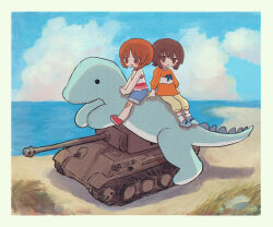 Rule 34 | 2girls, beach, blue footwear, blue shorts, blue sky, blush, border, brown eyes, brown hair, closed mouth, day, denim, denim shorts, girls und panzer, highres, long sleeves, looking at viewer, military vehicle, motor vehicle, multiple girls, nishizumi maho, nishizumi miho, open mouth, outdoors, red footwear, ri (qrcode), shoes, short hair, shorts, sitting, sky, smile, sneakers, socks, tank, white border, white socks