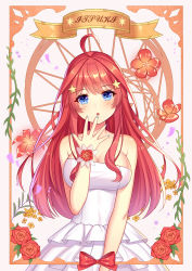 Rule 34 | 1girl, :o, absurdres, ahoge, bare shoulders, blue eyes, blue nails, blush, border, breasts, character name, cleavage, collarbone, commentary, covered navel, cowboy shot, dress, fingernails, flower, go-toubun no hanayome, hair between eyes, hair ornament, hand up, highres, kensei (ciid), large breasts, long fingernails, long hair, looking at viewer, nail polish, nakano itsuki, open mouth, red flower, red hair, red rose, rose, sidelocks, solo, standing, star (symbol), star hair ornament, strapless, strapless dress, wedding dress, white dress, wrist flower