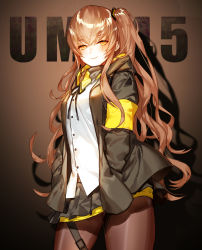 Rule 34 | 1girl, black jacket, black pantyhose, black skirt, blush, brown background, brown eyes, brown hair, character name, closed mouth, commentary, girls&#039; frontline, hair between eyes, hands in pockets, head tilt, jacket, kei (seona2020), long hair, looking at viewer, one side up, open clothes, open jacket, pantyhose, pleated skirt, scar, scar across eye, scar on face, shirt, silhouette, skirt, smile, solo, ump45 (girls&#039; frontline), very long hair, white shirt