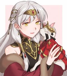 Rule 34 | 2girls, absurdres, animal, animal ears, bare shoulders, breasts, cape, cat, commission, detached sleeves, dress, edelgard von hresvelg, fingerless gloves, fire emblem, fire emblem: radiant dawn, fire emblem: three houses, gloves, hair ornament, highres, horn ornament, horns, long hair, long sleeves, micaiah (fire emblem), multiple girls, nintendo, open mouth, peach11 01, red cape, second-party source, sidelocks, small breasts, smile, turtleneck, turtleneck dress, white hair, yellow eyes