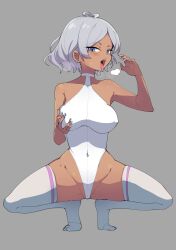 Rule 34 | 1girl, blue eyes, blush, breath, covered erect nipples, covered navel, dark-skinned female, dark skin, fellatio gesture, full body, grabbing own breast, grey hair, groin, groin tendon, gundam, gundam suisei no majo, highres, leotard, looking at viewer, open mouth, secelia dote, short hair, solo, squatting, thighhighs, tongue, tongue out, zooanime