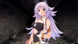 Rule 34 | 1girl, animal ears, atelier-moo, bare shoulders, blush, breasts, detached sleeves, dungeon, grey eyes, highres, large breasts, long hair, long sideburns, looking up, mana (our battle has just begun!), narrow waist, open mouth, our battle has just begun!, purple hair, sideburns, sleeveless, solo, upper body, very long hair, wolf ears, wolf girl