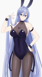 Rule 34 | 1girl, :3, absurdly long hair, akagi koku, animal ears, armband, azur lane, bad id, bad pixiv id, bare shoulders, black choker, black pantyhose, blue eyes, blue hair, blue leotard, breasts, choker, cleavage, collarbone, fake animal ears, feet out of frame, hair between eyes, hand on own hip, hand up, highres, large breasts, leotard, long hair, looking at viewer, new jersey (azur lane), new jersey (exhilarating steps!) (azur lane), official alternate costume, pantyhose, playboy bunny, rabbit ears, see-through, see-through cleavage, simple background, solo, standing, very long hair, white background, wrist cuffs