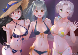 Rule 34 | 3girls, bare shoulders, bed, bedroom, bikini, black bikini, black hair, breasts, brown eyes, choukai (kancolle), collarbone, floral print, front-tie bikini top, front-tie top, glasses, green eyes, green hair, grey hair, hair ribbon, hand on another&#039;s shoulder, hat, highres, indoors, izumikuma, kantai collection, kinugasa (kancolle), large breasts, long hair, looking at viewer, multiple girls, navel, official alternate costume, one eye closed, open mouth, print bikini, red eyes, ribbon, round teeth, side-tie bikini bottom, small breasts, smile, spaghetti strap, straw hat, striped bikini, striped clothes, sun hat, swimsuit, teeth, upper teeth only, vertical-striped bikini, vertical-striped clothes, very long hair, white ribbon, yuubari (kancolle), yuubari kai ni (kancolle)