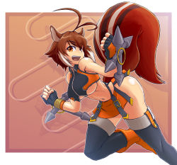 Rule 34 | 1girl, animal ears, antenna hair, arc system works, blazblue, blazblue: continuum shift, boots, breasts, brown hair, fingerless gloves, gloves, makoto nanaya, midriff, multicolored hair, navel, open mouth, orange eyes, orange skirt, revealing clothes, skirt, solo, squirrel ears, squirrel tail, tail, tak (takumi fortitude), thigh boots, thighhighs, tonfa, two-tone hair, underboob, weapon