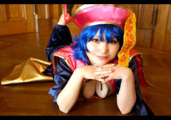 Rule 34 | 1girl, blue hair, breasts, capcom, cleavage, cosplay, cosplay photo, jiangshi, large breasts, lei lei, photo (medium), red eyes, solo, vampire (game), wig