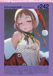 Rule 34 | 1girl, bare shoulders, bell, breasts, brown eyes, brown hair, choker, crop top, fur-trimmed headwear, fur collar, fur trim, green ribbon, half-closed eyes, hat, highres, jacket, light smile, looking at viewer, murata range, navel, neck bell, non-web source, open clothes, open jacket, original, parted lips, red headwear, red jacket, ribbon, ribbon choker, santa costume, santa hat, sidelocks, small breasts, solo, upper body