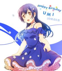 Rule 34 | 1girl, birthday, blue dress, blue hair, blush, character name, commentary request, cowboy shot, dated, dress, flower, frills, hair between eyes, hair ornament, happy birthday, heru (totoben), highres, long hair, looking at viewer, love live!, love live! school idol festival, love live! school idol project, open mouth, skirt hold, smile, solo, sonoda umi, yellow eyes
