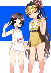 Rule 34 | 2girls, black eyes, black hair, brown eyes, brown hair, casual one-piece swimsuit, covered navel, feet out of frame, flat chest, gradient hair, kantai collection, long hair, maru-yu (kancolle), multicolored hair, multiple girls, nassukun, official alternate costume, one-piece swimsuit, ponytail, school swimsuit, short hair, standing, swimsuit, thick eyebrows, v, visor cap, white one-piece swimsuit, yamashio maru (kancolle), yellow headwear, yellow one-piece swimsuit