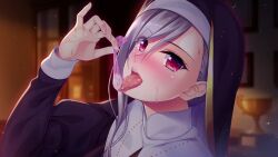 Rule 34 | 1girl, ass, bishoujo gakuen 1, blush, condom, cum, female focus, game cg, grey hair, highres, holding, holding condom, long hair, looking at viewer, nun, open mouth, solo, teeth, tongue, tongue out, upper body, upper teeth only, used condom