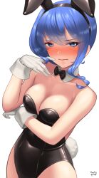Rule 34 | 1girl, absurdres, animal ears, bare shoulders, black bow, black bowtie, black leotard, blue eyes, blue hair, blush, bow, bowtie, breasts, cleavage, closed mouth, detached collar, fake animal ears, fake tail, gloves, hair between eyes, highres, hololive, hoshimachi suisei, huusri, leotard, looking at viewer, medium breasts, medium hair, playboy bunny, rabbit ears, rabbit tail, side ponytail, solo, star (symbol), star in eye, strapless, strapless leotard, symbol in eye, tail, virtual youtuber, white gloves