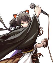 Rule 34 | 1girl, animal ears, apron, brown hair, cable, clenched hand, dog ears, dog girl, dog hair ornament, hair ornament, heterochromia, highres, holding, holding cable, holding microphone, inui toko, looking up, maid, maid apron, maid headdress, microphone, nijisanji, red eyes, solo, twintails, v-shaped eyebrows, virtual youtuber, wa maid, white background, yellow eyes, zxjv